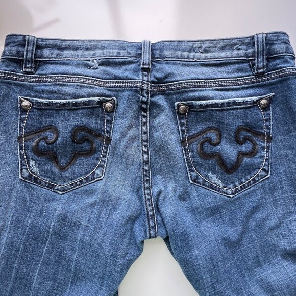 ReRock for Express Flared Low Rise Denim Jeans Distressed Style Womens Size 12L - Picture 3 of 16
